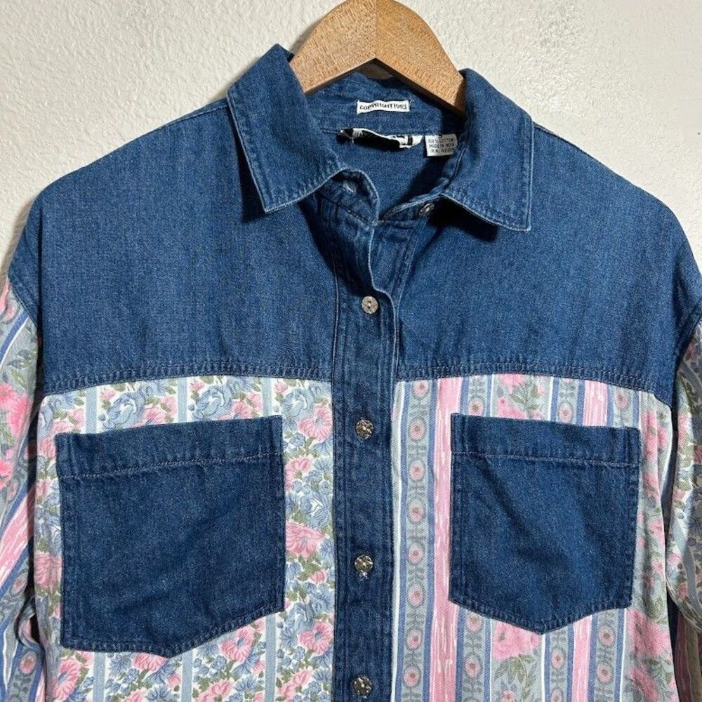 VTG 90s KZK Floral Chambray Western Button Up Shirt S Indie Cowgirl Cottagecore - Picture 4 of 7